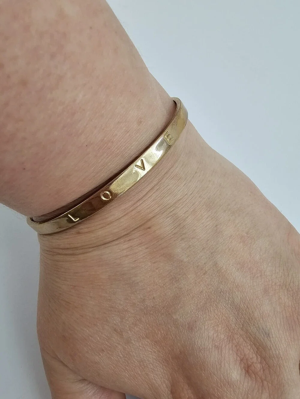 Vintage Gold Tone Love Stamped Cuff Bracelet Open Finial Ball Minimalist Message